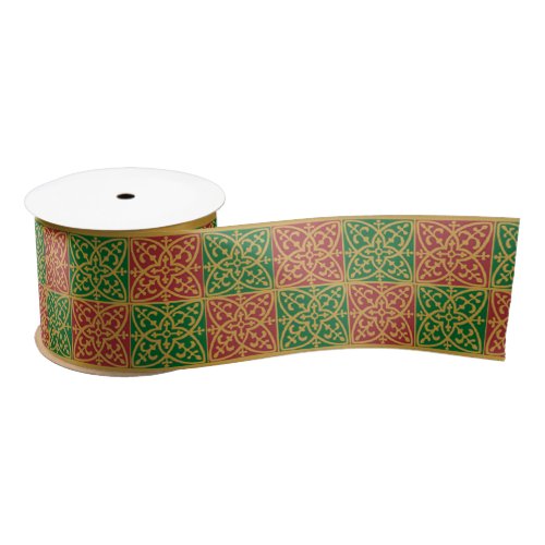 Red and Green Tile Art on Gold Pattern Satin Ribbon