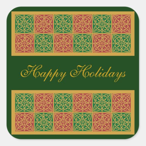 Red and Green Tile Art on Gold Pattern Square Sticker