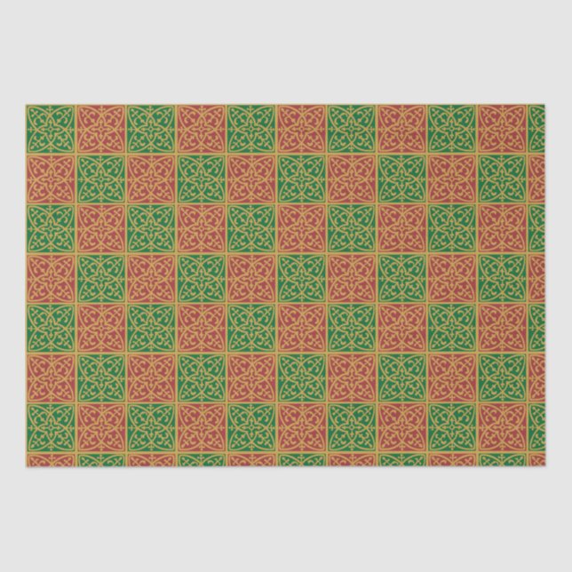 Red and Green Tile Art on Gold Pattern Tissue Paper (Front)