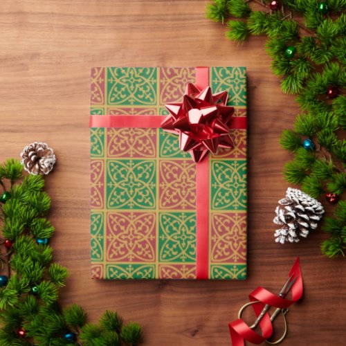 Red and Green Tile Art on Gold Pattern Wrapping Paper