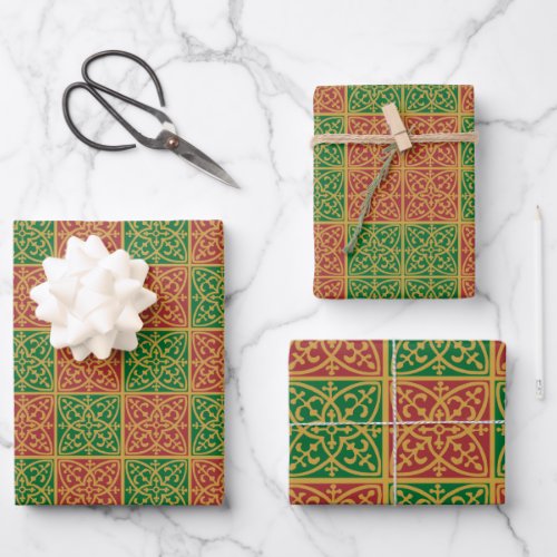 Red and Green Tile Art on Gold Pattern Wrapping Paper Sheets