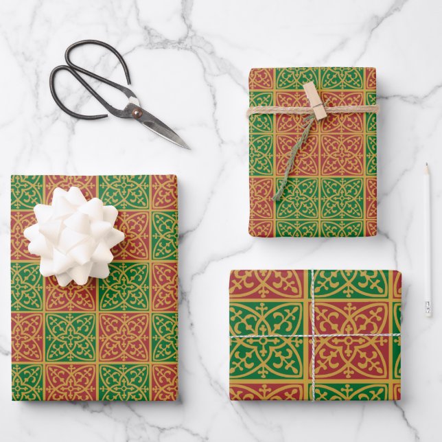 Red and Green Tile Art on Gold Pattern Wrapping Paper Sheets (Front)