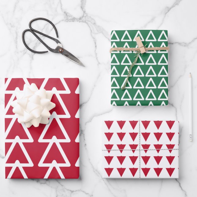 Red and Green Triangular Pattern Christmas Wrapping Paper Sheets (Front)