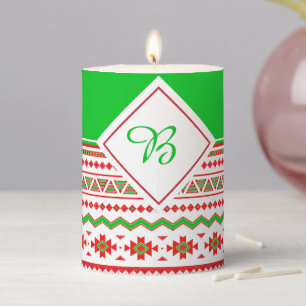 Red and green tribal monogram pillar candle