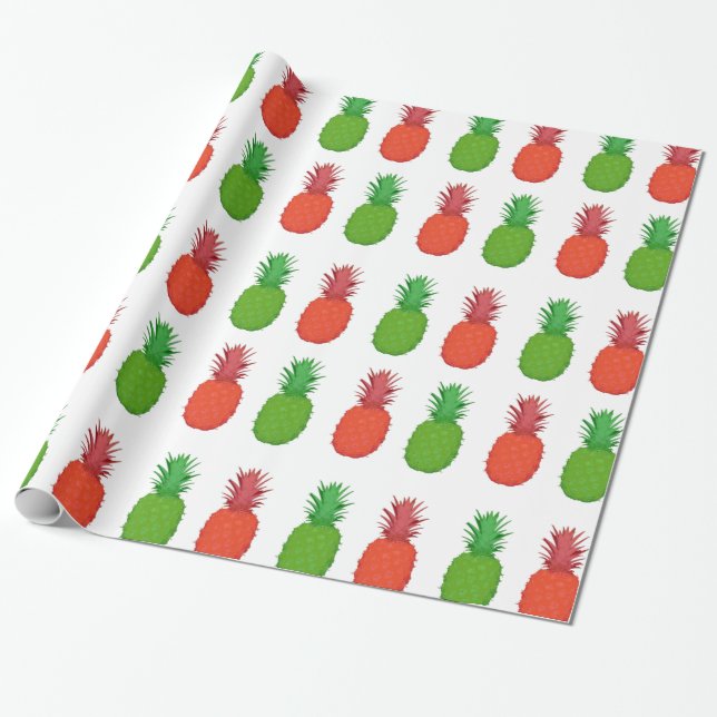 Red and Green Tropical Christmas Pineapples Wrapping Paper (Unrolled)