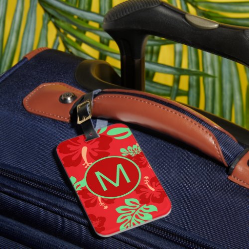 Red and Green Tropical Hibiscus Floral Monogram Luggage Tag