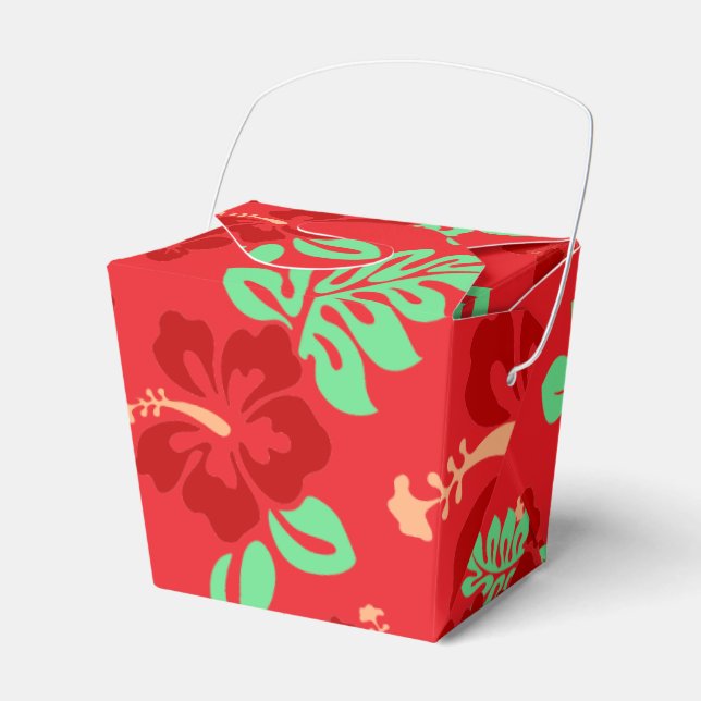 Red and Green Tropical Hibiscus Floral Pattern Favor Boxes (Front Side)