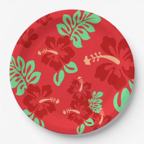 Red and Green Tropical Hibiscus Floral Pattern Paper Plates