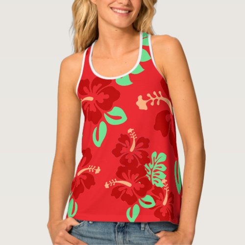 Red and Green Tropical Hibiscus Floral Pattern Tank Top