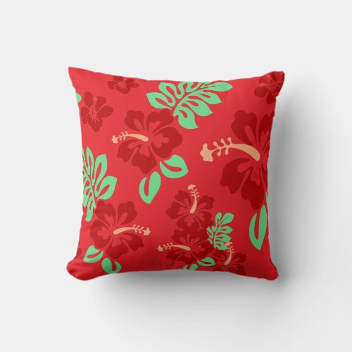 Red and Green Tropical Hibiscus Floral Pattern Throw Pillow