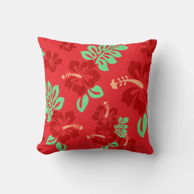 Red and Green Tropical Hibiscus Floral Pattern Throw Pillow (Front)