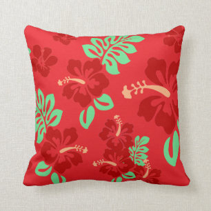 Red and Green Tropical Hibiscus Floral Pattern Throw Pillow