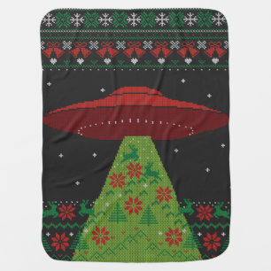 Red and Green UFO Tractor Beam Ugly Christmas Baby Blanket