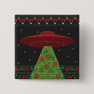 Red and Green UFO Tractor Beam Ugly Christmas Button