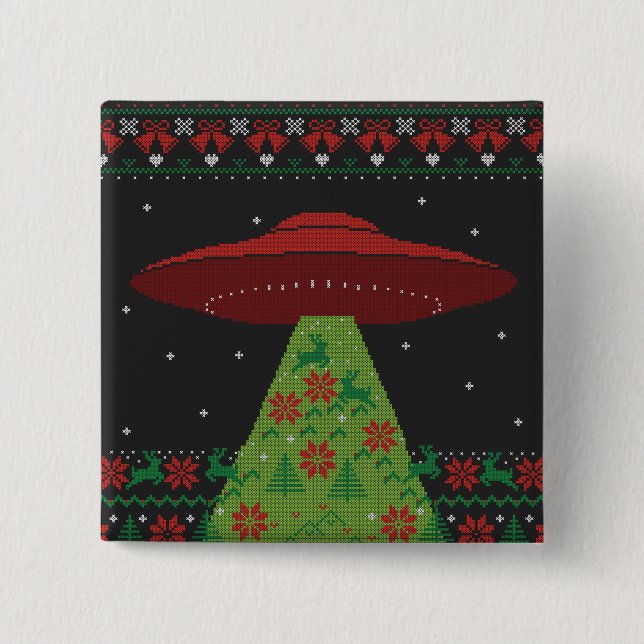 Red and Green UFO Tractor Beam Ugly Christmas Button (Front)