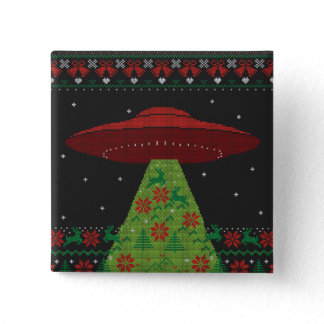 Red and Green UFO Tractor Beam Ugly Christmas Button