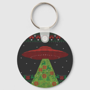 Red and Green UFO Tractor Beam Ugly Christmas Keychain