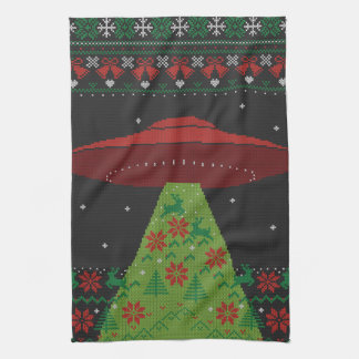 Red and Green UFO Tractor Beam Ugly Christmas Kitchen Towel