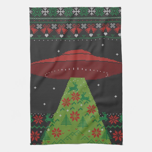 Red and Green UFO Tractor Beam Ugly Christmas Kitchen Towel (Vertical)