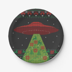 Red and Green UFO Tractor Beam Ugly Christmas Paper Plates