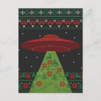 Red and Green UFO Tractor Beam Ugly Christmas Postcard