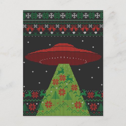 Red and Green UFO Tractor Beam Ugly Christmas Postcard