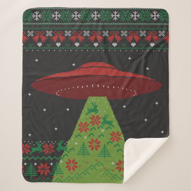 Red and Green UFO Tractor Beam Ugly Christmas Sherpa Blanket (Front)