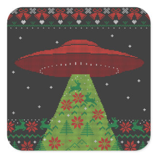 Red and Green UFO Tractor Beam Ugly Christmas Square Sticker