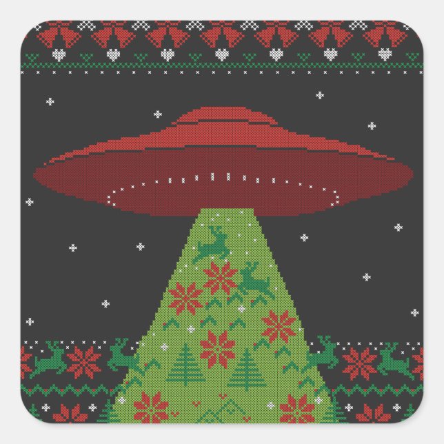Red and Green UFO Tractor Beam Ugly Christmas Square Sticker (Front)