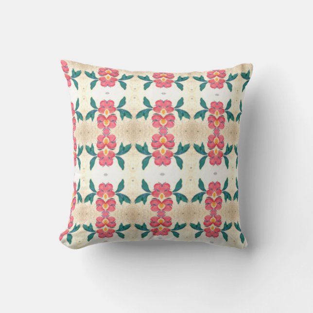 red and green vintage flower pattern throw pillow (Front)