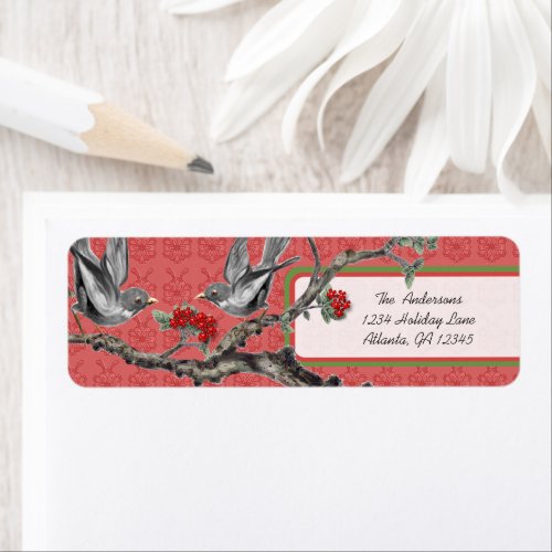 Red and Green Vintage Gray Birds Christmas Labels