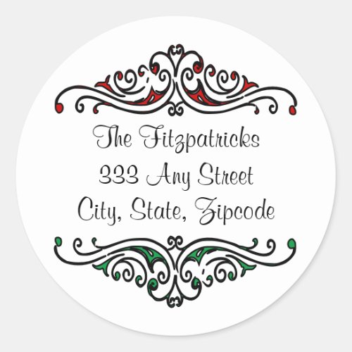 Red and Green Vintage Scrollwork and Fancy Font Classic Round Sticker