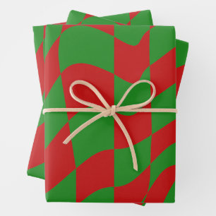 Red and Green Warped Checkerboard Wrapping Paper Sheets