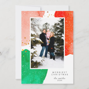 Red and Green Watercolor Abstract Christmas Photo Holiday Card