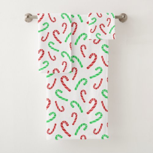 Red and Green Watercolor Candy Cane Pattern  Bath Towel Set