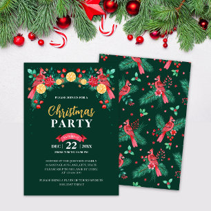 Red and Green Watercolor Cardinal Bird Christmas Invitation