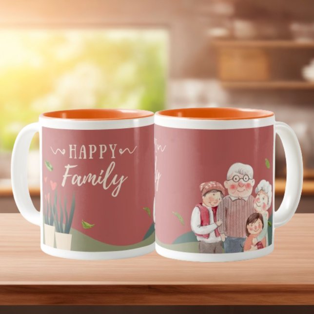 Red and Green Watercolor Happy Family Wraparound Two-Tone Coffee Mug (Creator Uploaded)