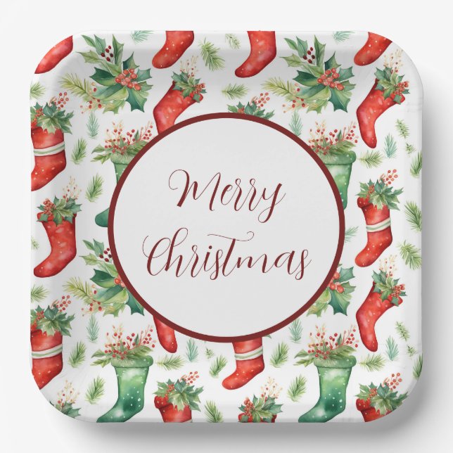 Red and Green Watercolor Stockings Paper Plates (Front)