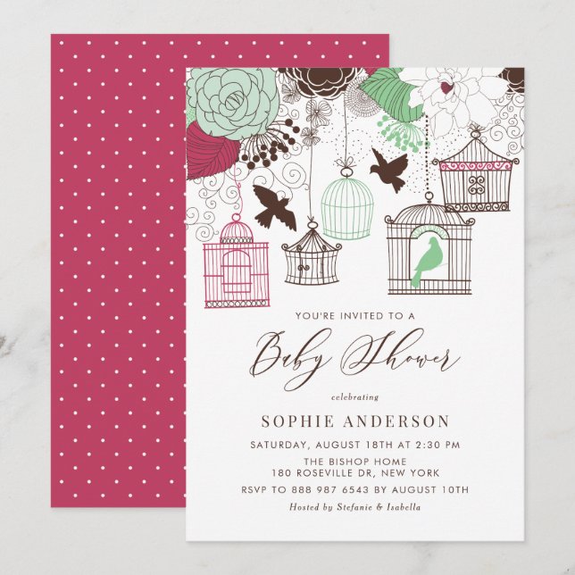 Red and Green Whimsical Birdcages Baby Shower Invitation (Front/Back)