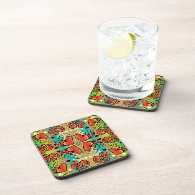 Red and green Whimsical Romantic Hearts pattern Beverage Coaster (Right Side)