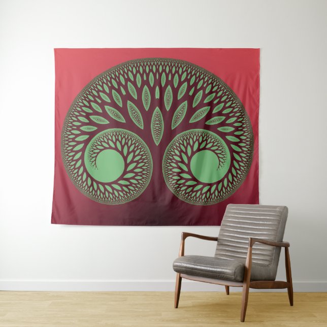 Red and Green Whimsical Spiritual Tree Tapestry (In Situ (Horizontal))