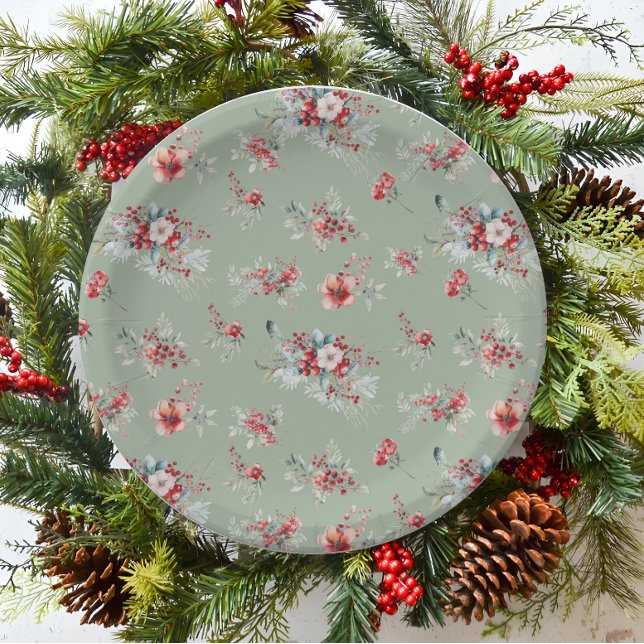 Red and Green Winter Floral Bridal Shower Paper Plates (Creator Uploaded)