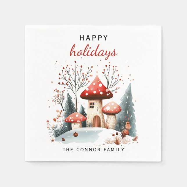 Red and Green Winter Woodland Happy Holidays Napkins (Front)