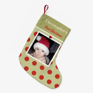 Red and green with photo and name first small christmas stocking