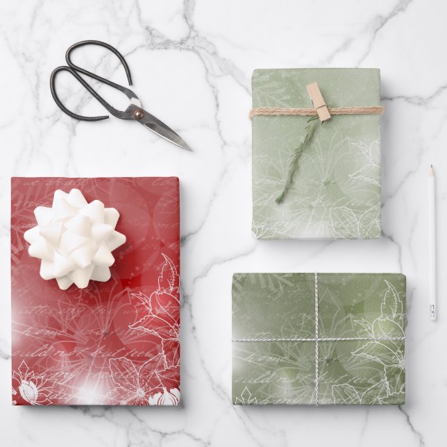 Red and Green with White Poinsettia and Flowers  Wrapping Paper Sheets (Front)