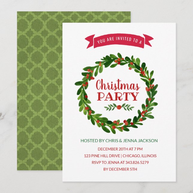 Red and Green Wreath Christmas Party Invitation (Front/Back)