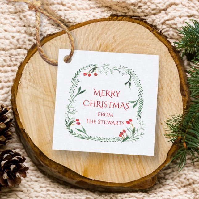 Red and Green Wreath Merry Christmas Gift Favor Tags (Creator Uploaded)