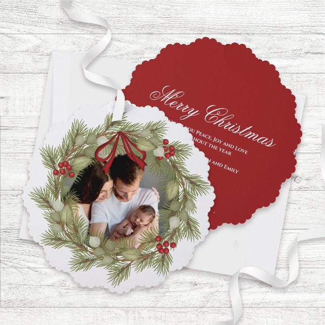 Red and Green Wreath Merry Christmas Photo Ornament Card (Merry Christmas Red and Green Wreath Custom Photo Ornament Card.)