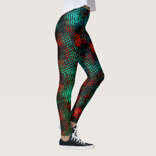 Red and greenish blue, scratched squares or cubes leggings
