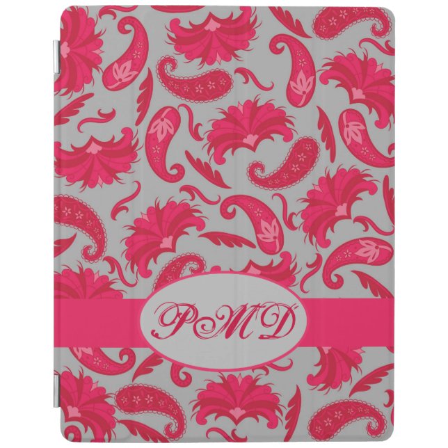 Red and Grey Art Deco Paisley Monogram Custom iPad Smart Cover (Front)